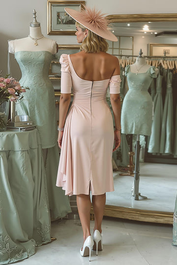 Blush Pink Ruched Asymmetrical Neck Midi Mother Of The Bride Dress